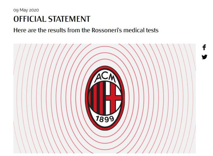 AC米兰官方宣布：全队新冠检测均呈阴性，否认队